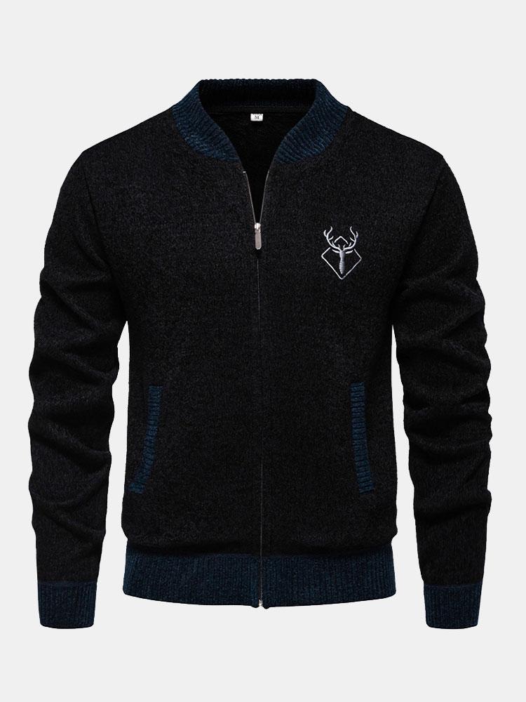 Elk Embroidered Contrast Baseball Collar Sweater