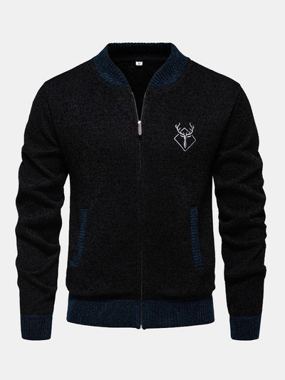 Elk Embroidered Contrast Baseball Collar Sweater
