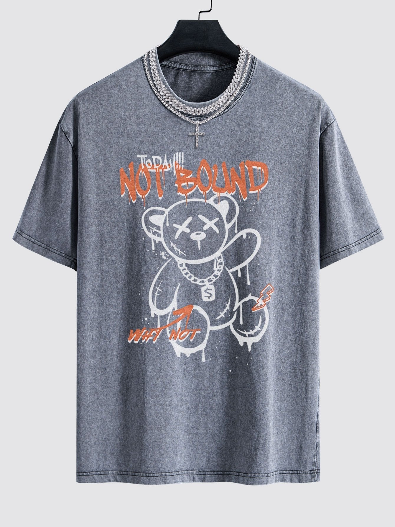 Slogan Graffiti Bear Print Washed Drop Shoulder Oversize T-Shirt