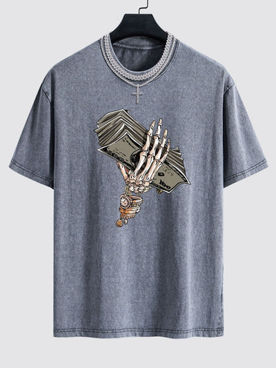 Skeleton Holding Cash Print Washed Drop Shoulder Oversize T-Shirt