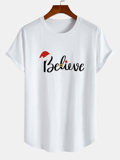 Christmas Believe Print Cotton Arc Hem T-Shirt