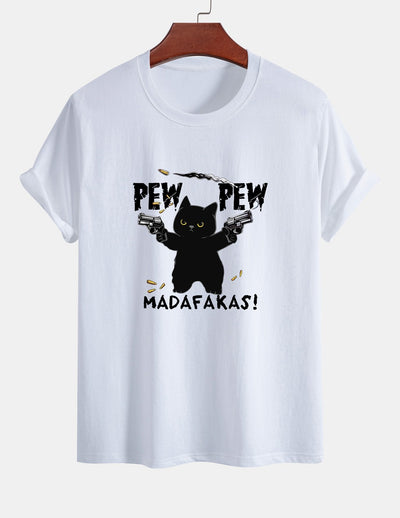 Regular Fit PEW PEW MADAFAKAS Black Cat Print Cotton T-Shirt