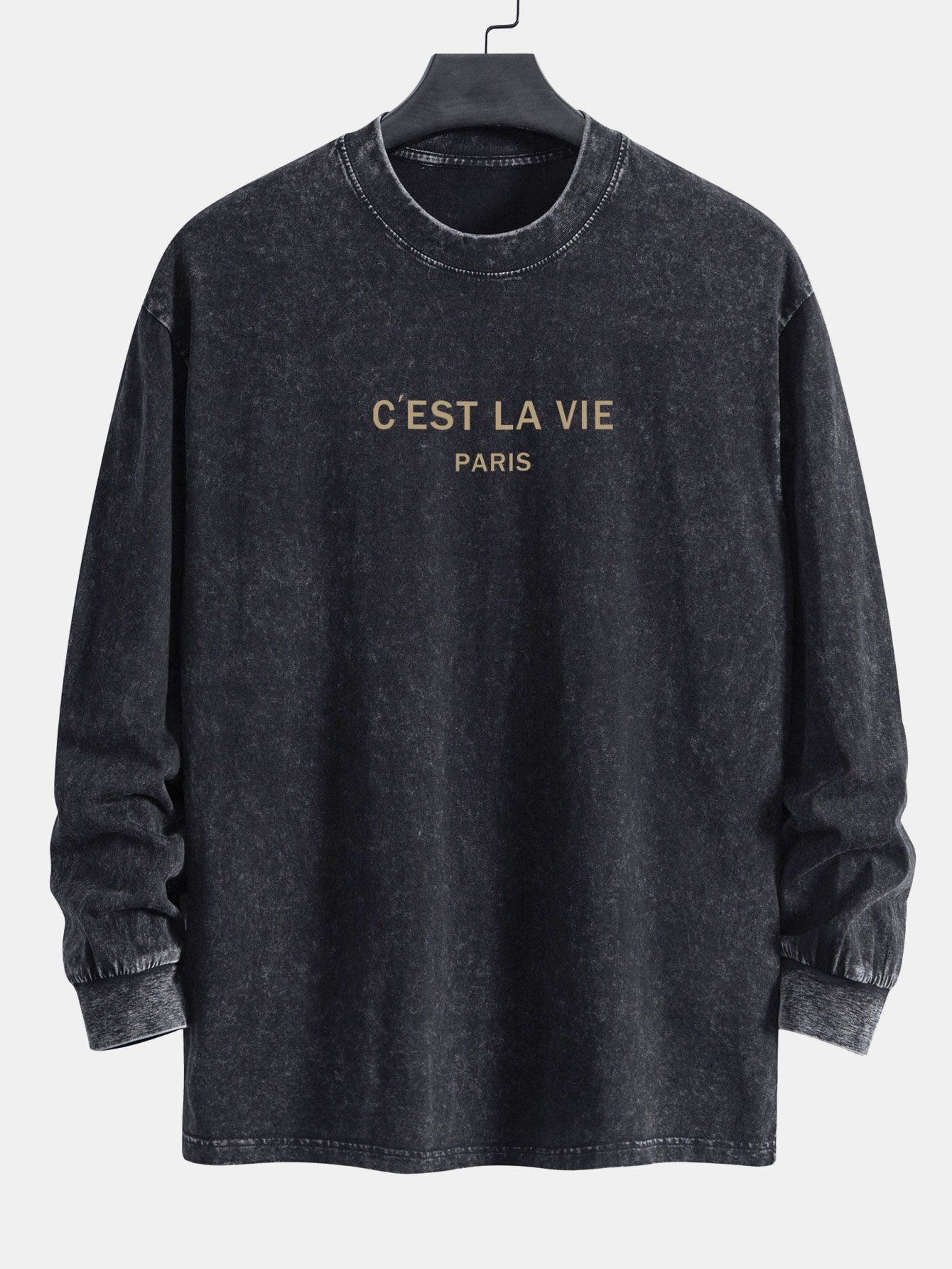 Paris Slogan Print Relax Fit Long Sleeve Washed Distressed T-Shirt