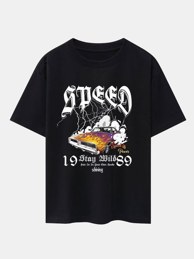 Lightning Speed Car Print Drop Shoulder Oversize T-Shirt