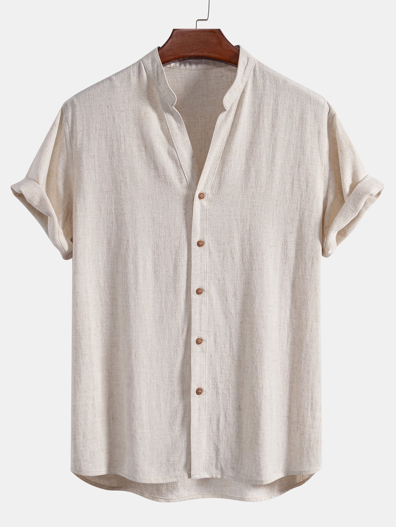 Short Sleeve V Neck Linen Rayon Blend Shirt