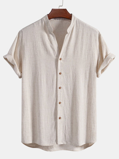 Short Sleeve V Neck Linen Rayon Blend Shirt