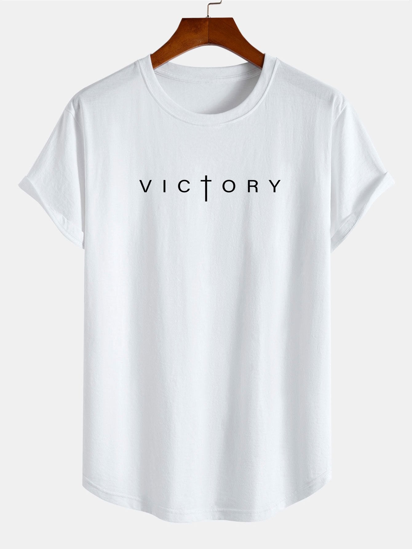 Victory Slogan Print Cotton Arc Hem T-Shirt