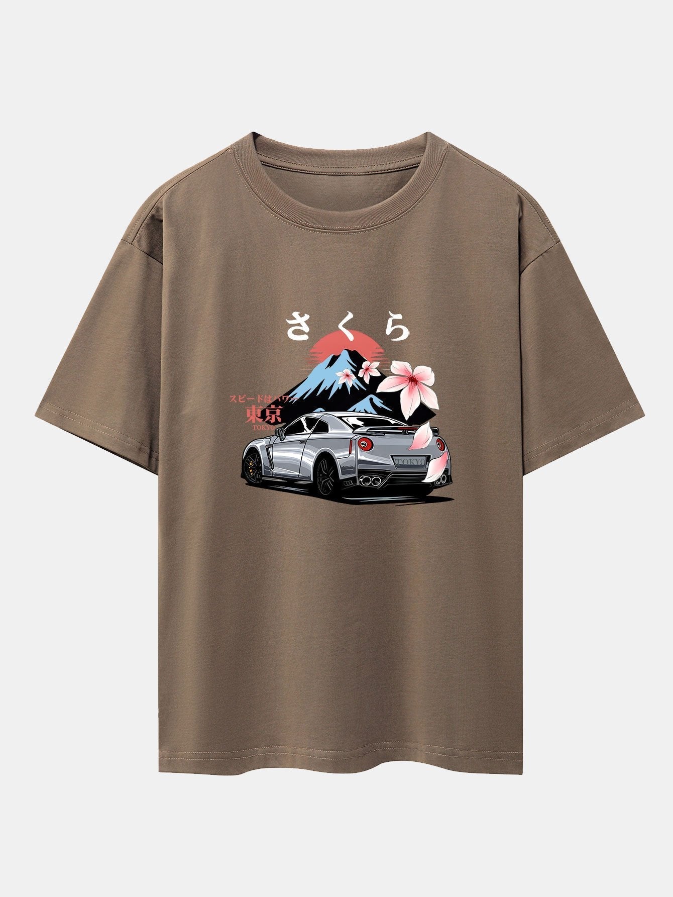 Tokyo Cherry Blossoms Car Print Drop Shoulder Oversize T-Shirt