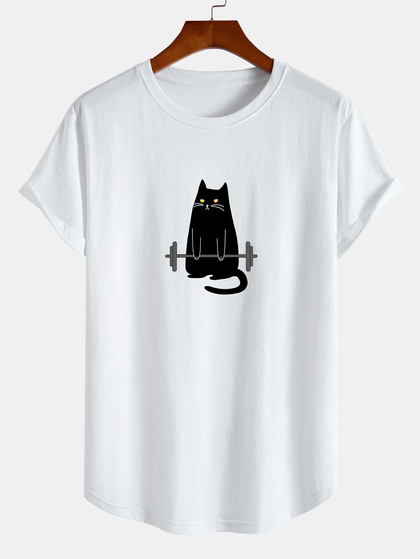 Cat Weightlifting Print Cotton Arc Hem T-Shirt