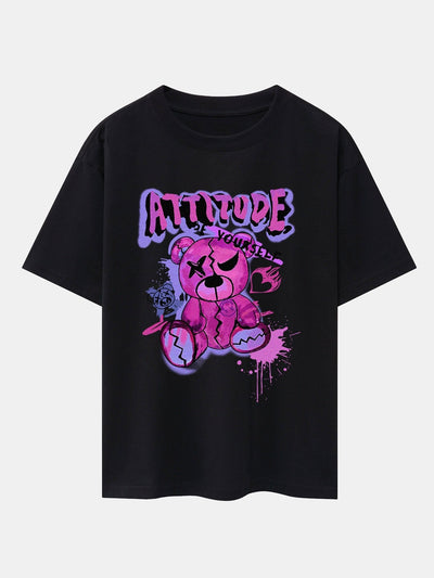 Tattered Bear Print Drop Shoulder Oversize T-Shirt