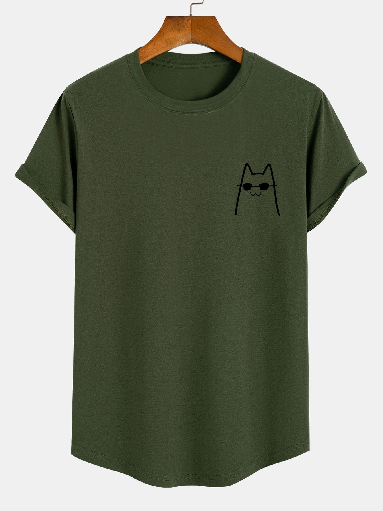 Cat With Sunglasses Print Cotton Arc Hem T-Shirt