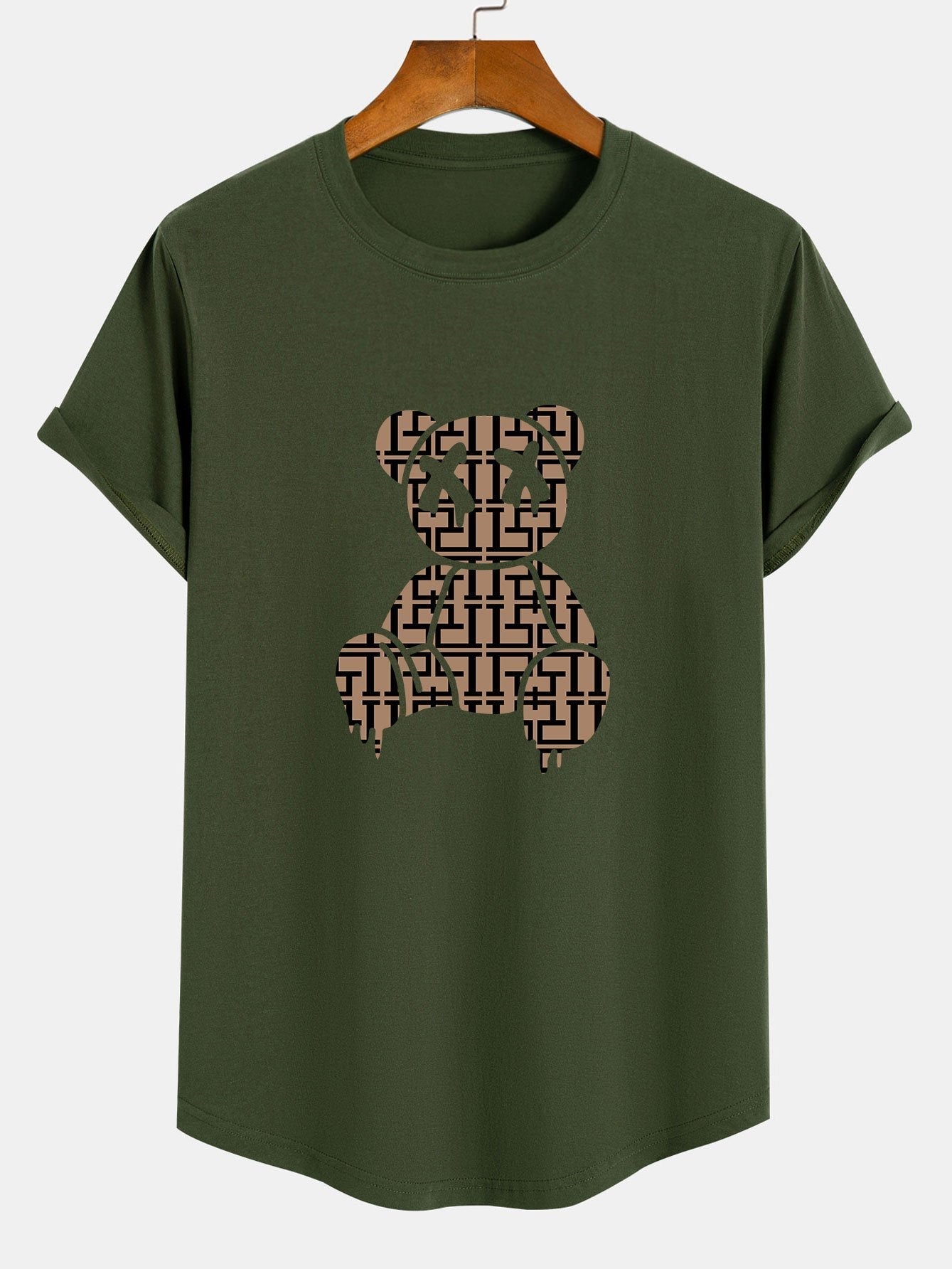Geometric Dissolving Bear Print Cotton Arc Hem T-Shirt