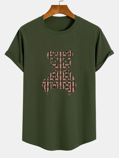 Geometric Dissolving Bear Print Cotton Arc Hem T-Shirt
