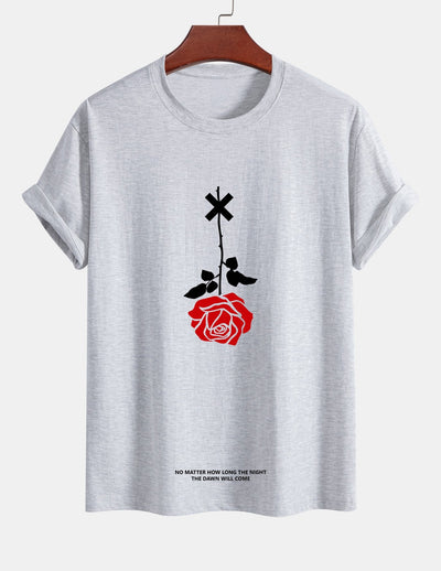Regular Fit Inverted Rose Slogan Print Cotton T-Shirt
