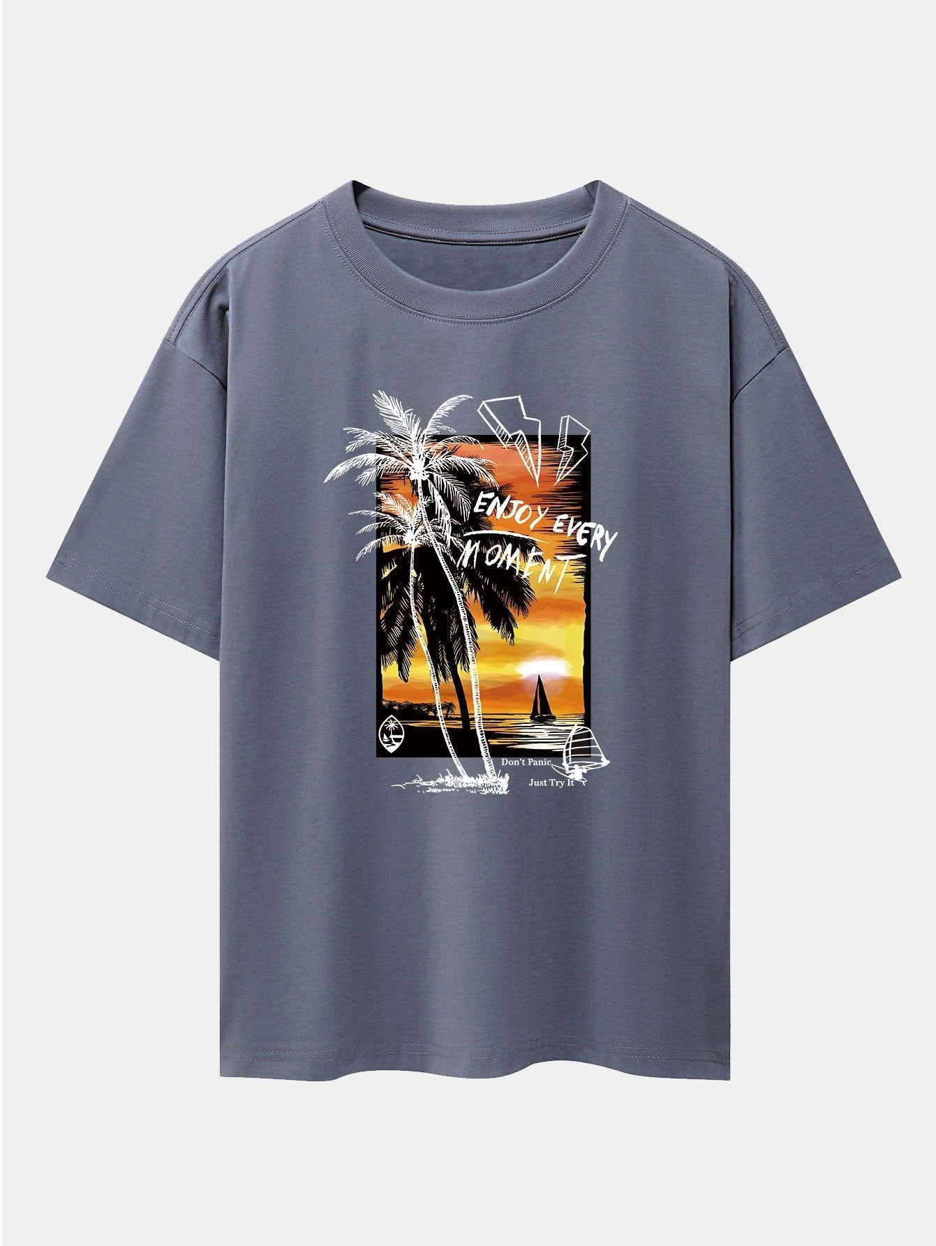 Vacation Sunset Palm Trees Print Drop Shoulder Oversize T-Shirt