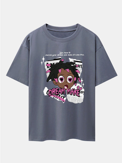 Cartoon Character Newspaper Print Drop Shoulder Oversize T-Shirt