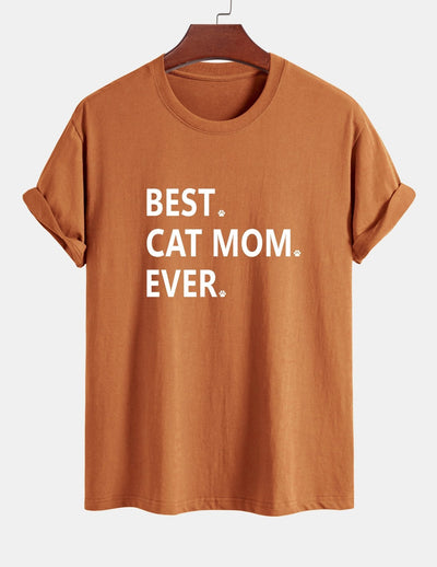 Regular Fit Best Cat Mom Ever Print Cotton T-Shirt