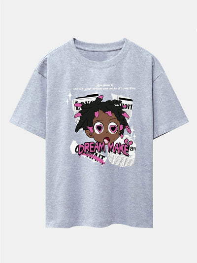 Cartoon Character Newspaper Print Drop Shoulder Oversize T-Shirt