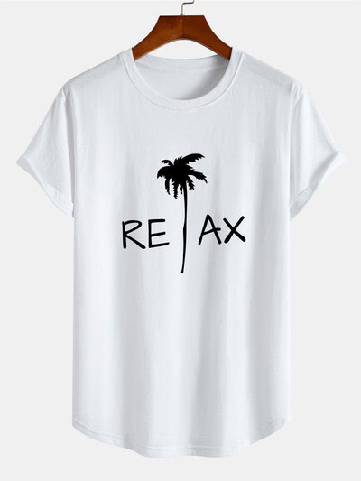 Relax Palm Tree Print Cotton Arc Hem T-Shirt