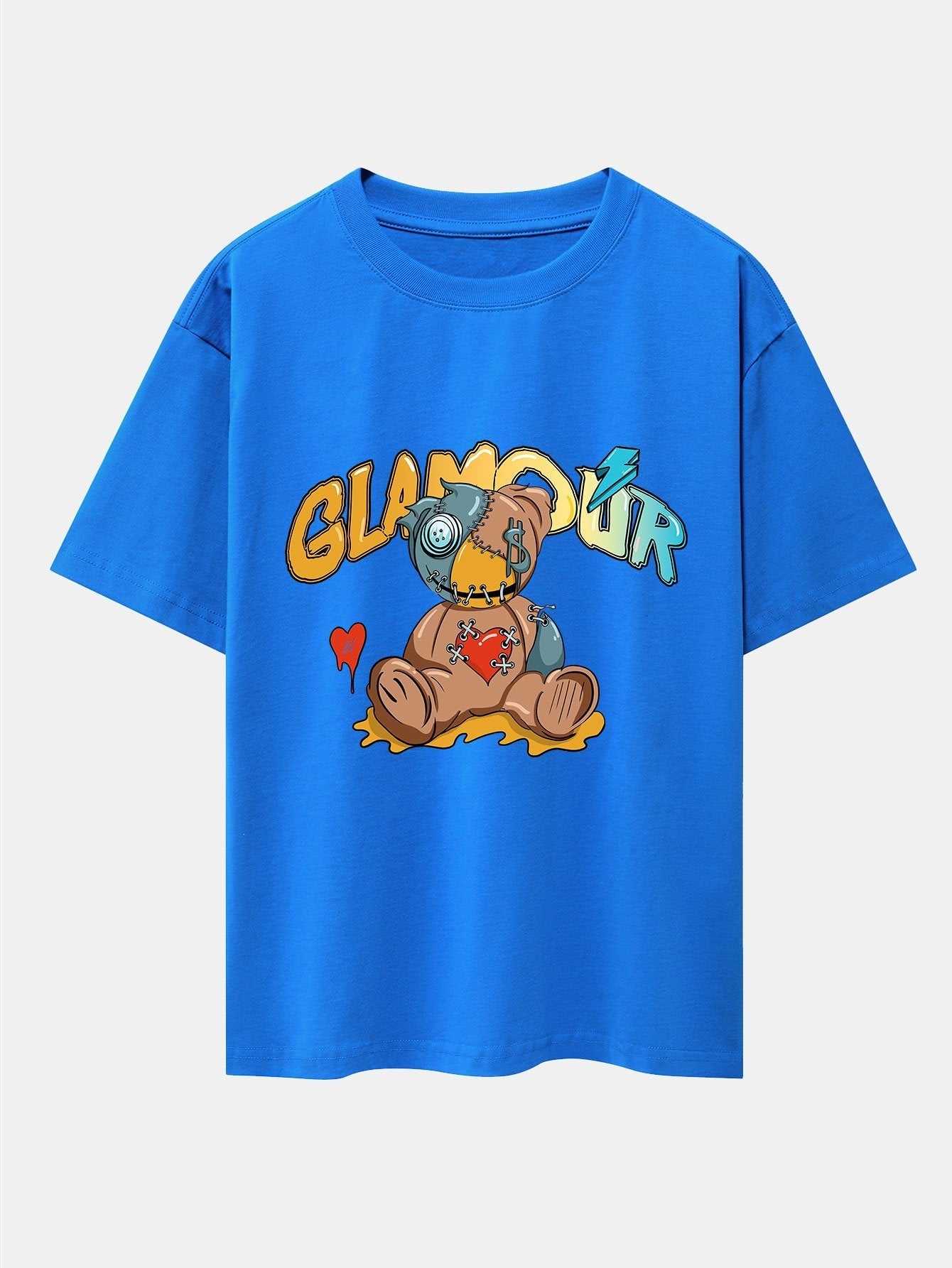 Patched Bear Print Drop Shoulder Oversize T-Shirt