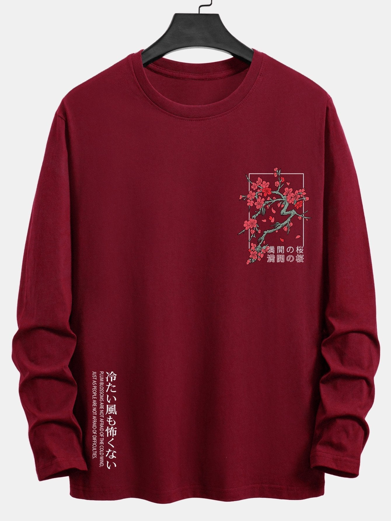 Long Sleeve Cherry Blossom Slogan Print Cotton T-Shirt
