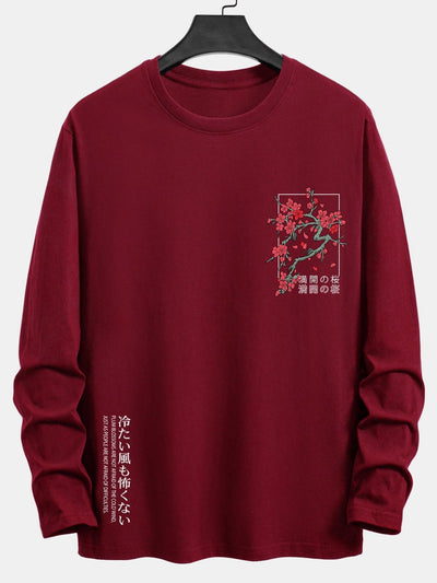 Long Sleeve Cherry Blossom Slogan Print Cotton T-Shirt