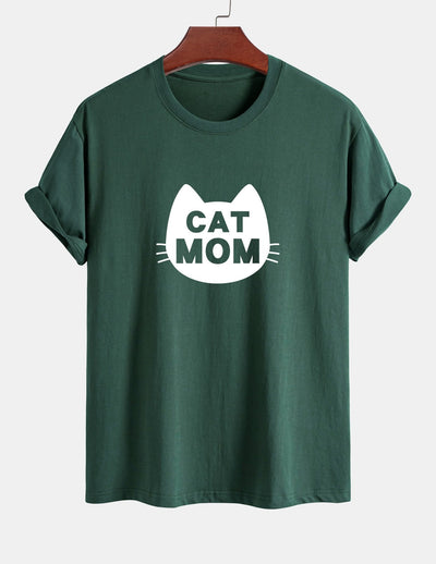 Regular Fit Cat Mom Print Cotton T-Shirt