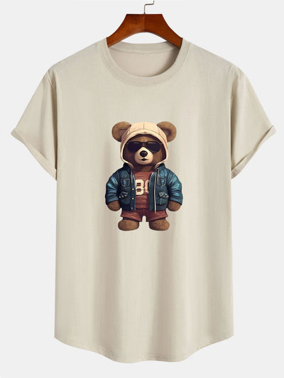 Bear In Leather Jacket Print Cotton Arc Hem T-Shirt