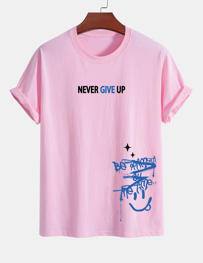 Regular Fit Never Give Up Smiley Face Print Cotton T-Shirt