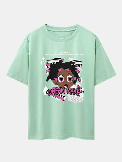 Cartoon Character Newspaper Print Drop Shoulder Oversize T-Shirt