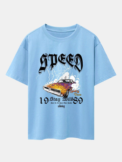 Lightning Speed Car Print Drop Shoulder Oversize T-Shirt