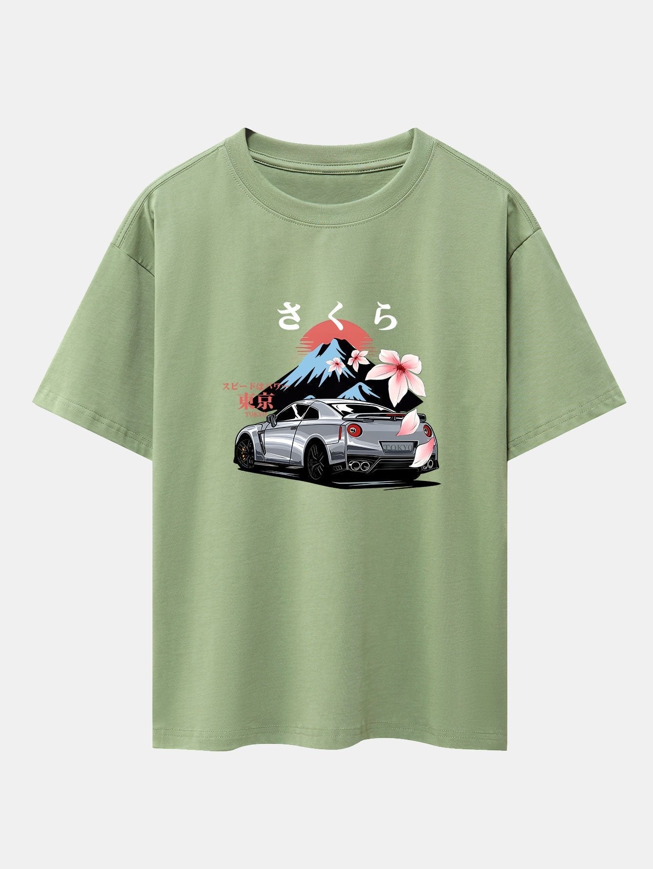 Tokyo Cherry Blossoms Car Print Drop Shoulder Oversize T-Shirt