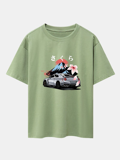 Tokyo Cherry Blossoms Car Print Drop Shoulder Oversize T-Shirt