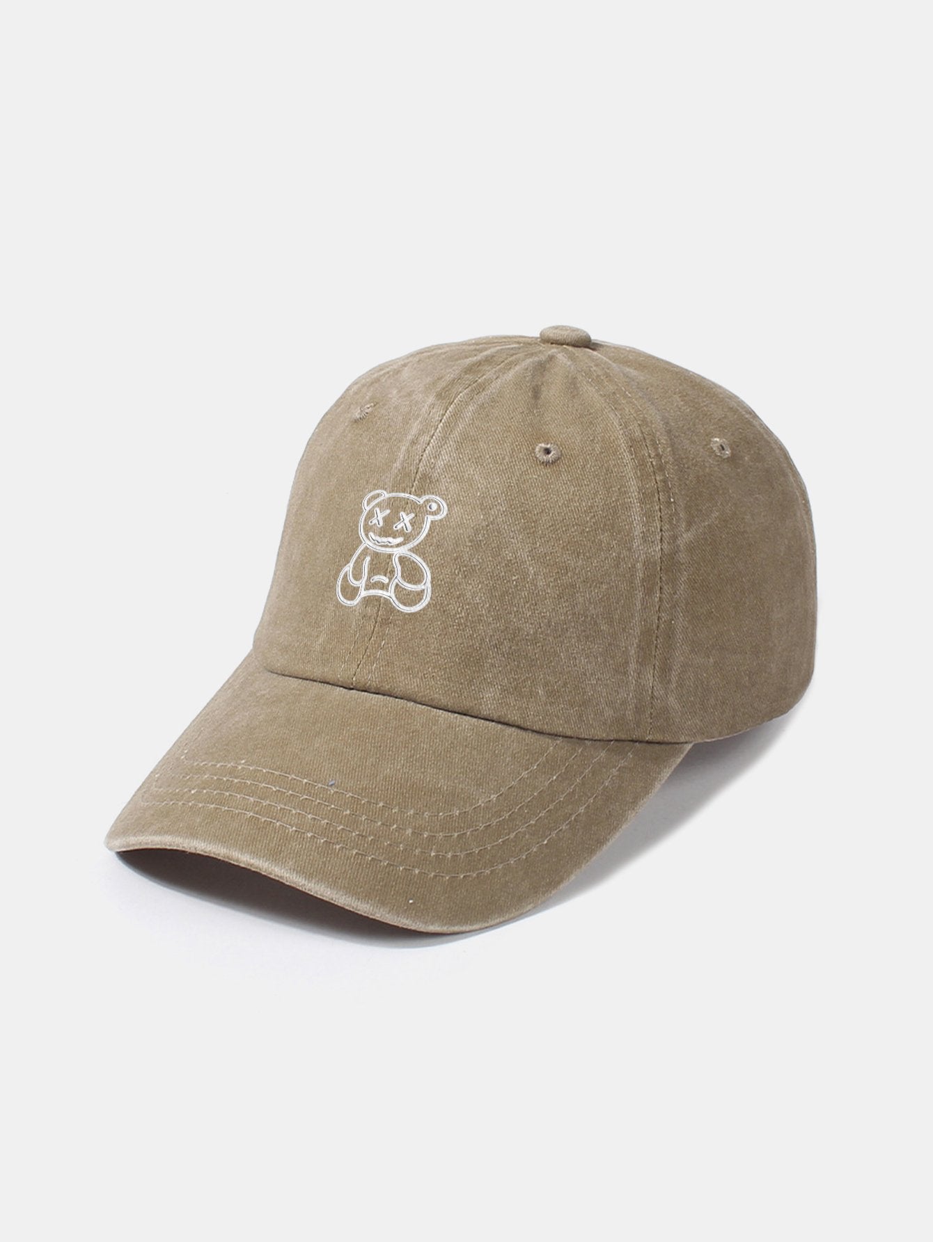 Neutral Casual Washed Cotton Sun Shading Baseball Cap With Teddy Bear Pattern