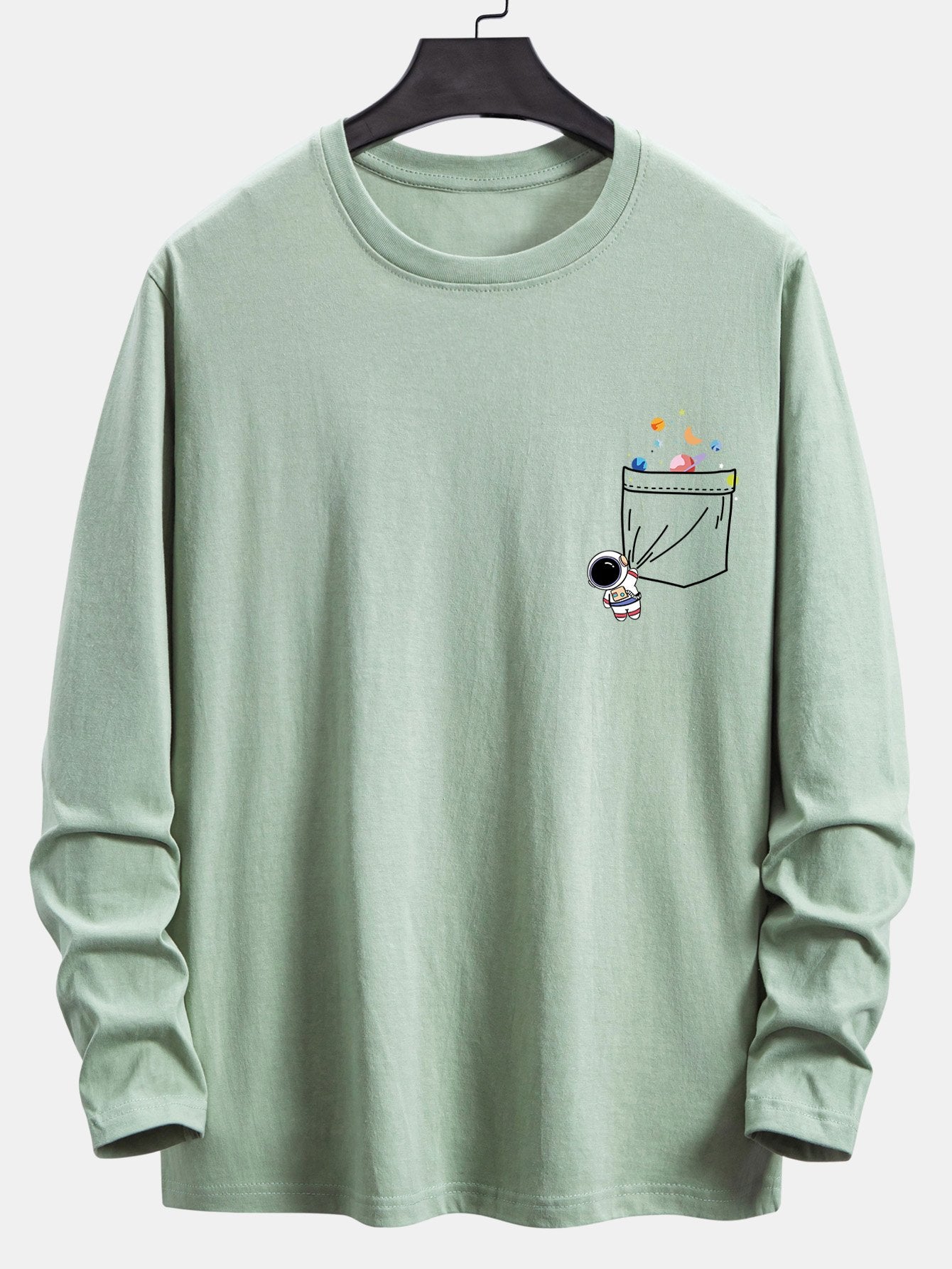 Long Sleeve Pocket Planet Astronaut Print Cotton T-Shirt