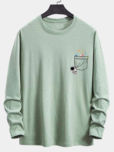 Long Sleeve Pocket Planet Astronaut Print Cotton T-Shirt