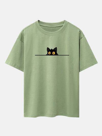 Black Cat Print Drop Shoulder Oversize T-Shirt