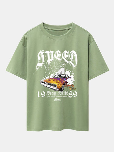 Lightning Speed Car Print Drop Shoulder Oversize T-Shirt