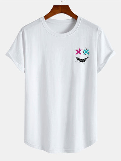 Evil Face Print Cotton Arc Hem T-Shirt