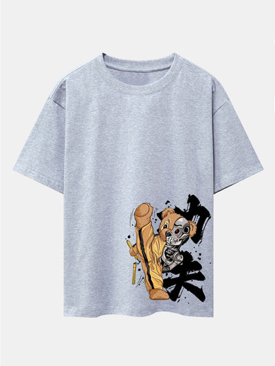 Kung Fu Bear Print Drop Shoulder Oversize T-Shirt