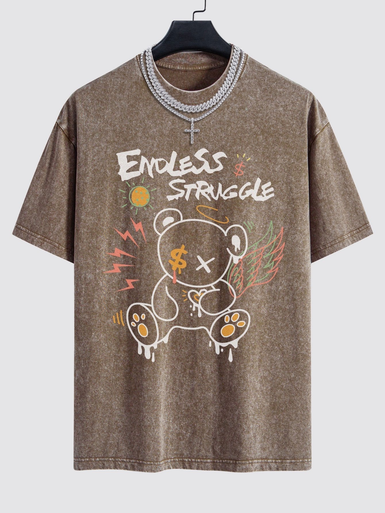 Graffiti Bear Print Washed Drop Shoulder Oversize T-Shirt