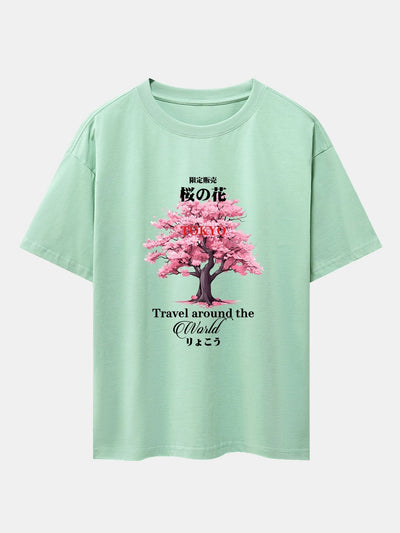 Tokyo Cherry Blossoms Print Drop Shoulder Oversize T-Shirt
