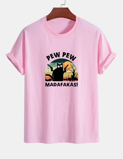 Regular Fit PEW PEW MADAFAKAS Black Cat Print Cotton T-Shirt