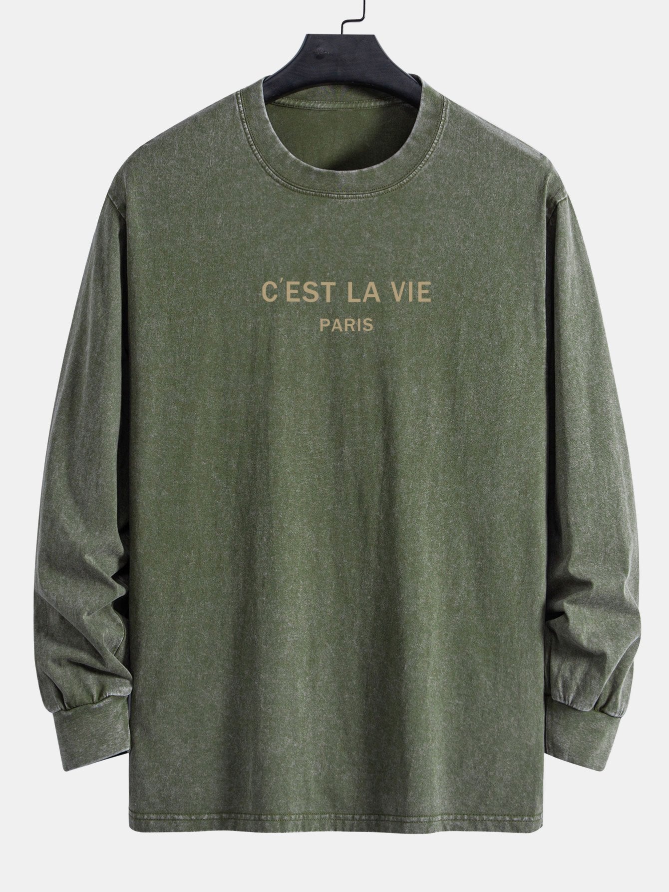 Paris Slogan Print Relax Fit Long Sleeve Washed Distressed T-Shirt