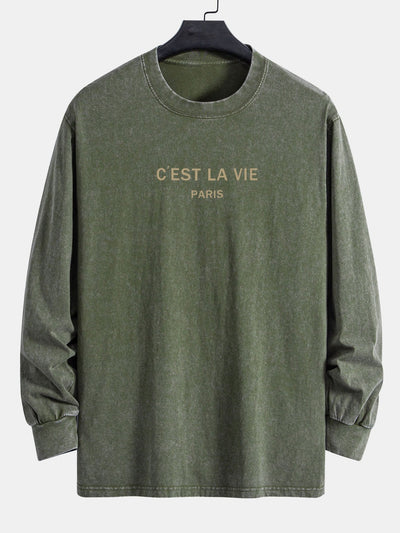 Paris Slogan Print Relax Fit Long Sleeve Washed Distressed T-Shirt
