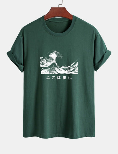 Regular Fit Waves Ukiyo-e Print Cotton T-Shirt