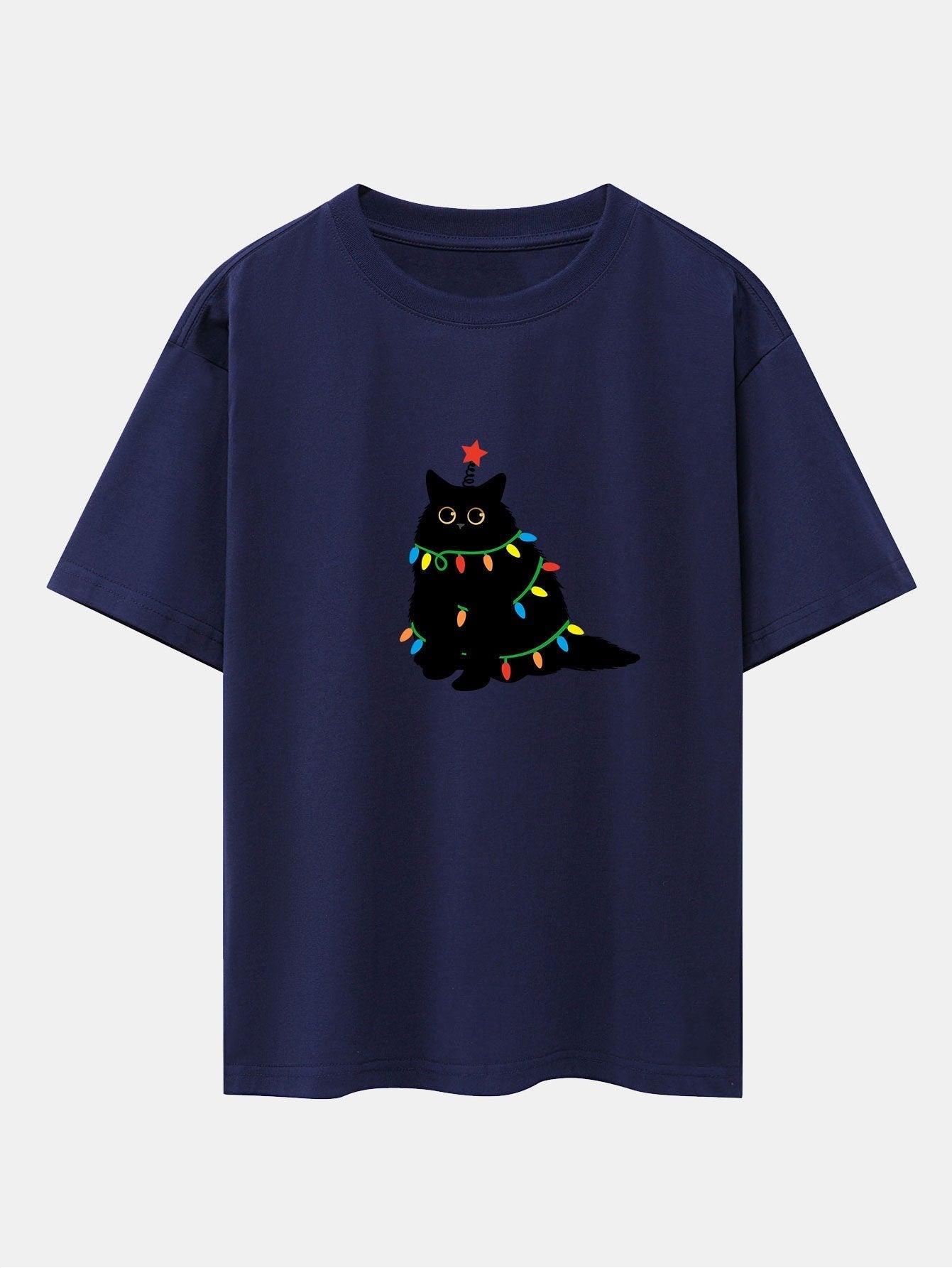 Christmas Lights Black Cat Print Drop Shoulder Oversize T-Shirt