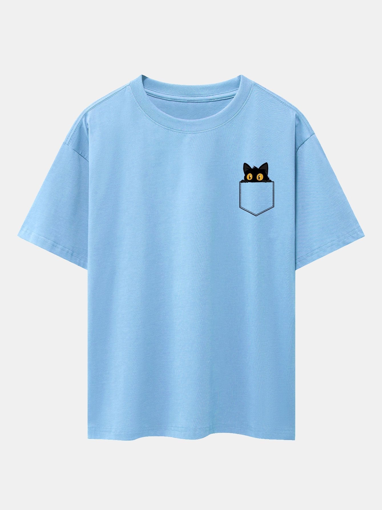 Pocket Black Cat Print Drop Shoulder Oversize T-Shirt