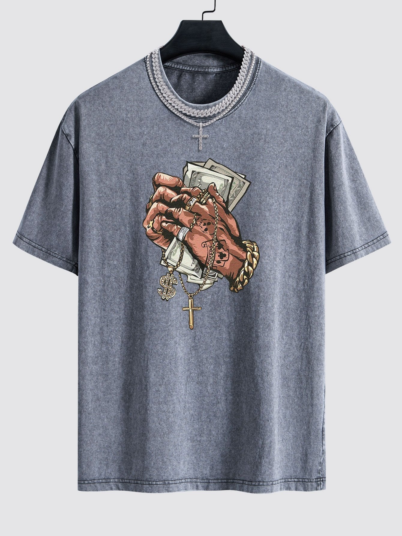 Hand Holding Cash Print Washed Drop Shoulder Oversize T-Shirt