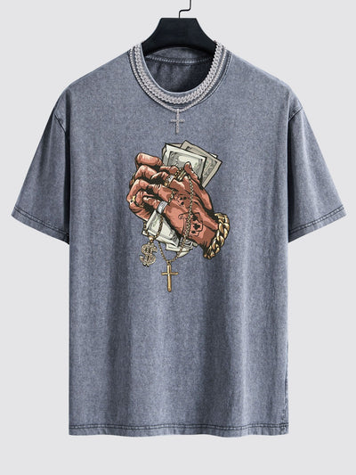 Hand Holding Cash Print Washed Drop Shoulder Oversize T-Shirt